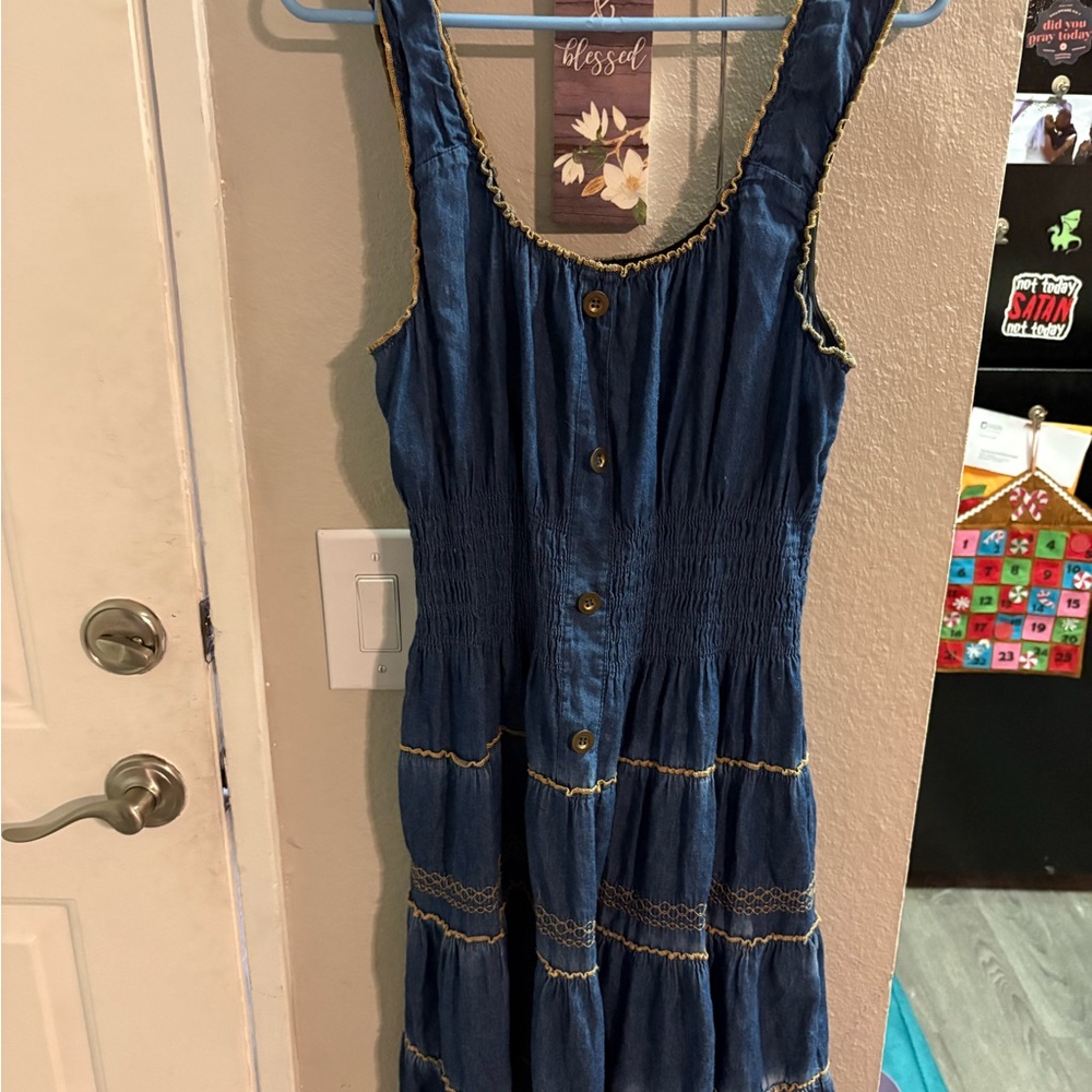Lapis Blue Tiered Midi Dress with Gold Trim